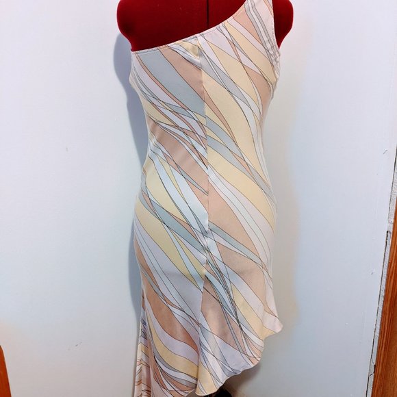 🚨Bebe Silk Pink Yellow Pastel Asymmetrical Dress M L - Picture 6 of 11